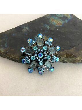Vintage 1.82" Blue Rhinestone Floral Flower Brooch